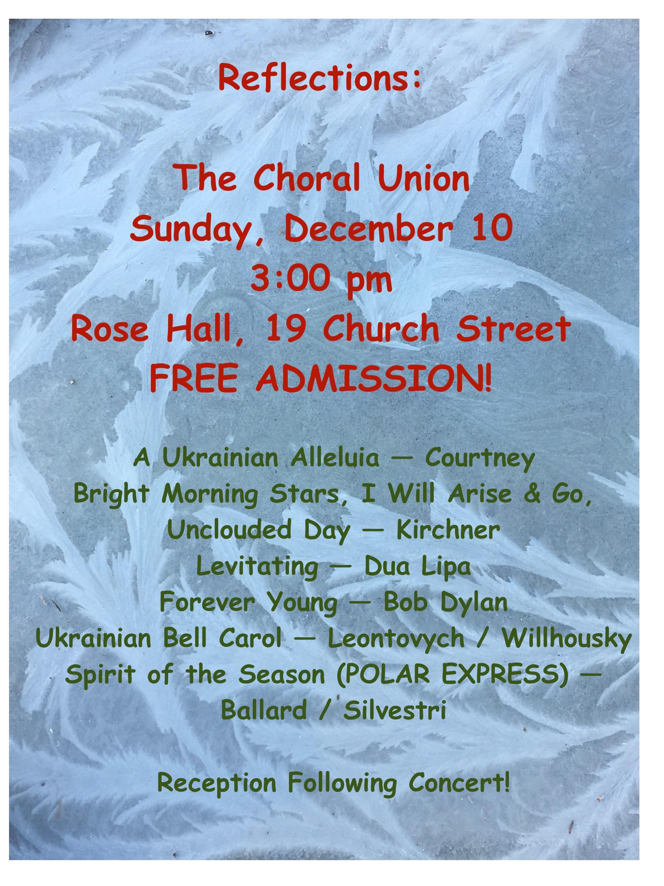A poster reading: Choral Union, Sunday December 10, 3 p.m. Rose Hall, 19 Church Street. Free Admission. Reception following concert. 